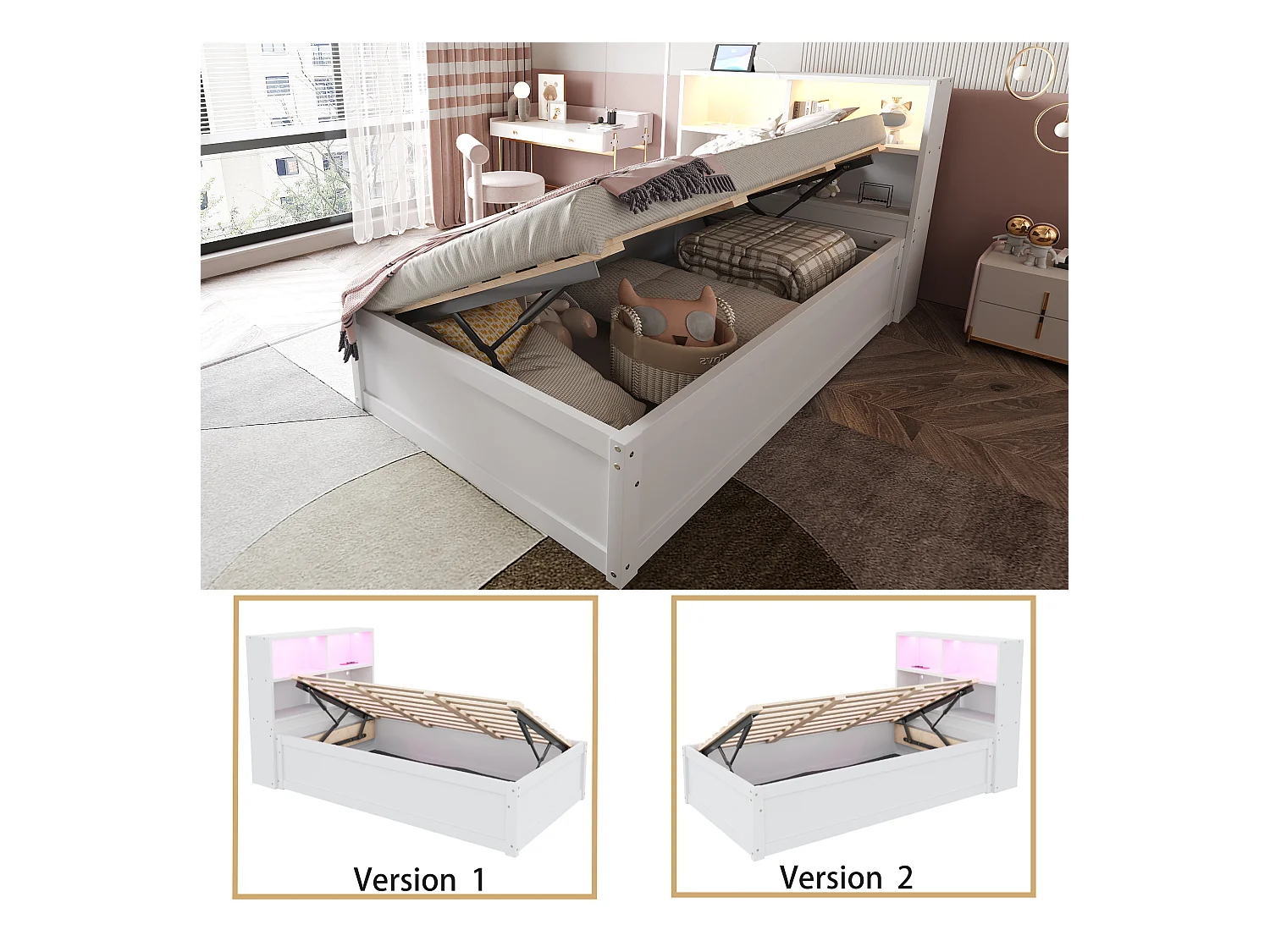 Lit multifonction 90x200 cm avec prise multiple, rangement, sommier hydraulique, bois massif, blanc (220.5x113.5x82 cm)