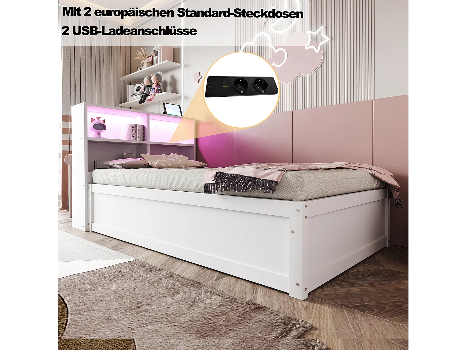 Lit multifonction 90x200 cm avec prise multiple, rangement, sommier hydraulique, bois massif, blanc (220.5x113.5x82 cm)