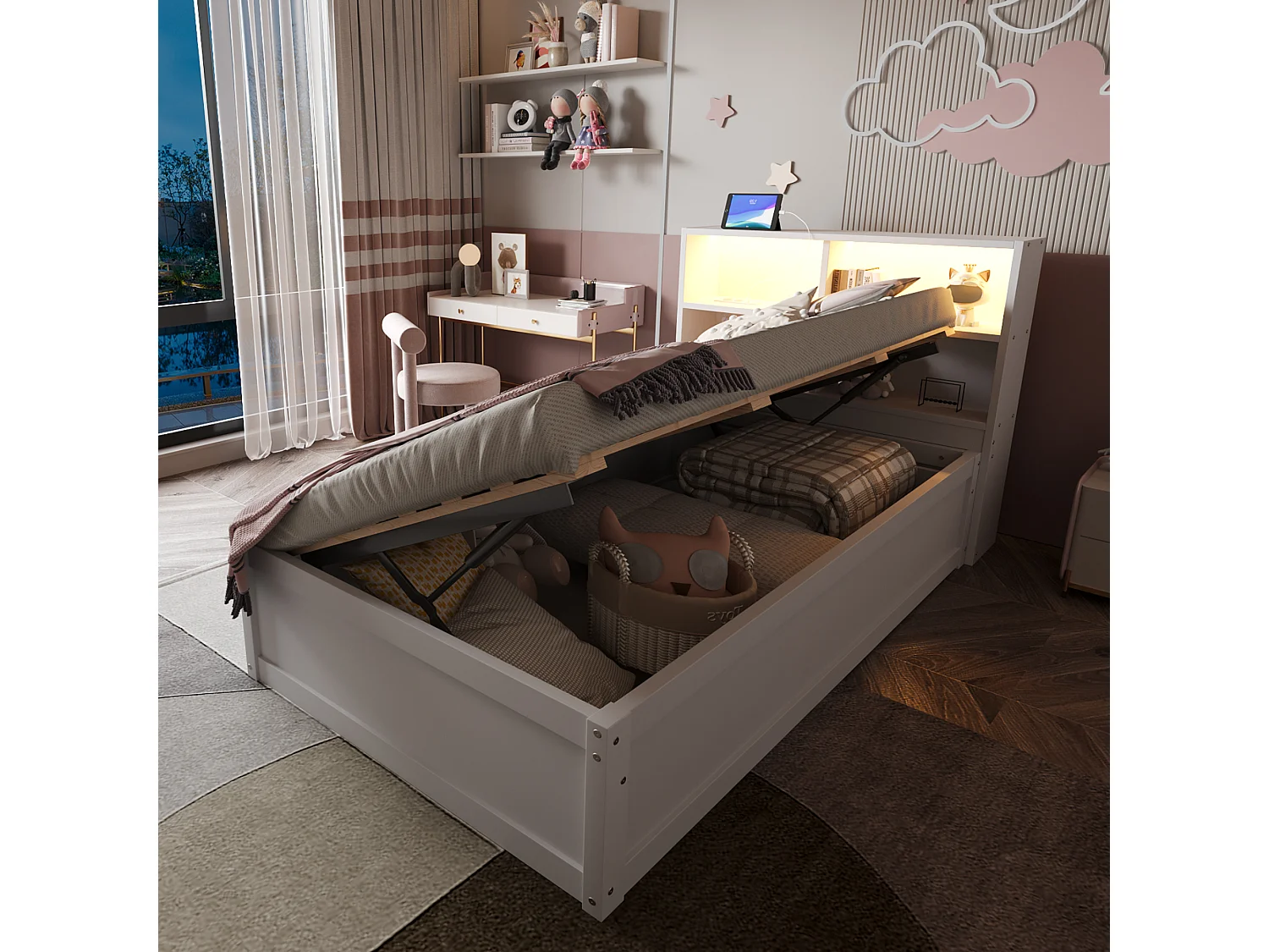 Lit multifonction 90x200 cm avec prise multiple, rangement, sommier hydraulique, bois massif, blanc (220.5x113.5x82 cm)