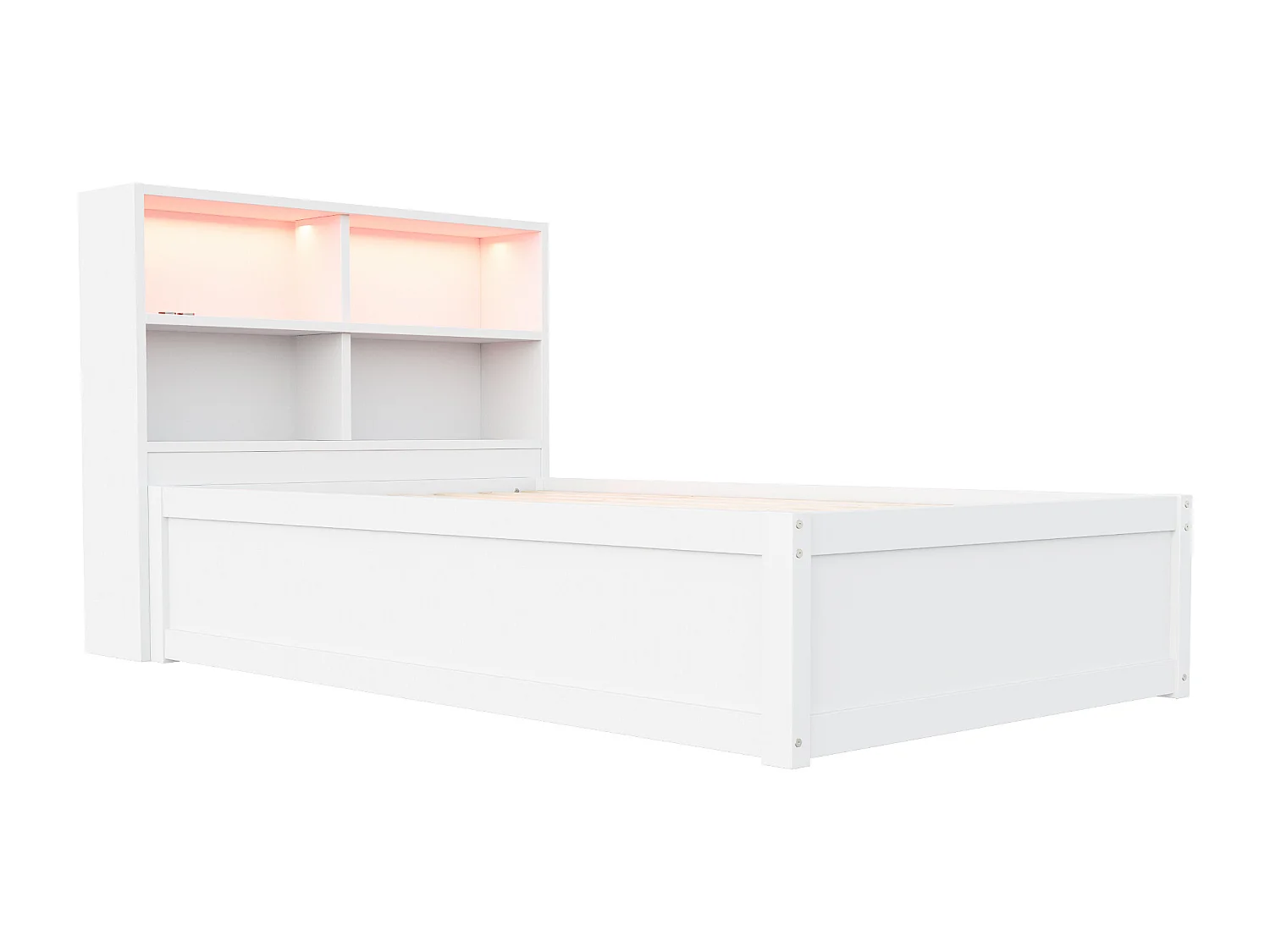 Lit multifonction 90x200 cm avec prise multiple, rangement, sommier hydraulique, bois massif, blanc (220.5x113.5x82 cm)