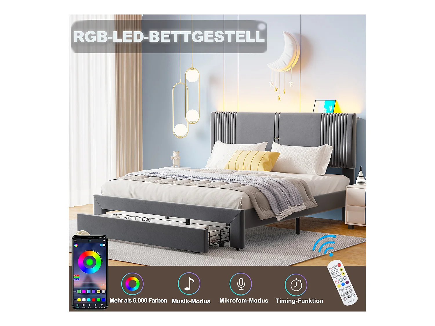 Letto matrimoniale con LED, porta USB e ampio cassetto, velluto, grigio (200x165x108cm)