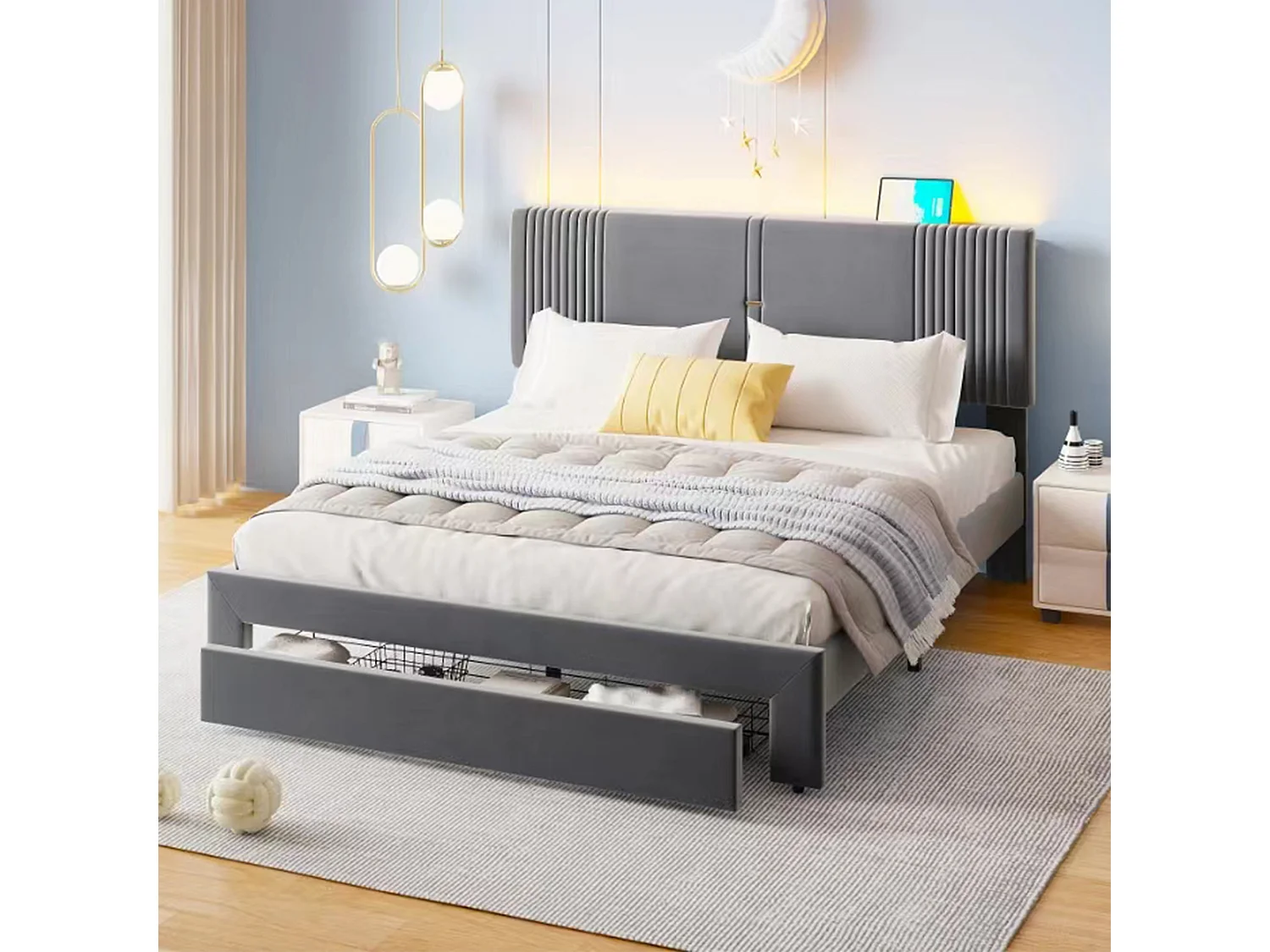 Lit double avec LED, port USB et tiroir spacieux, velours, gris (200x165x108cm)