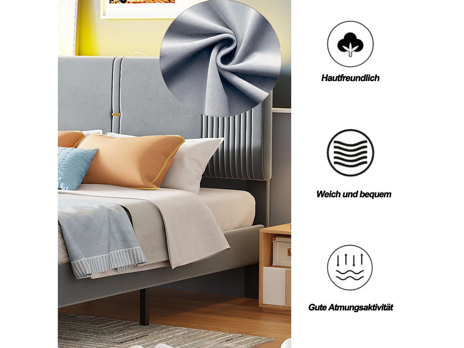 Lit double avec LED, port USB et tiroir spacieux, velours, gris (200x165x108cm)