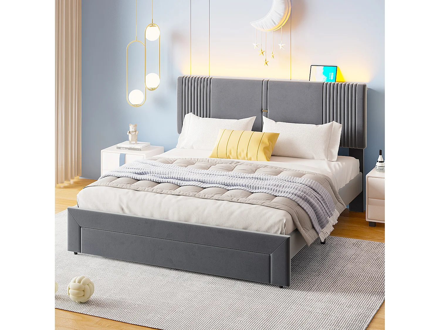 Lit double avec LED, port USB et tiroir spacieux, velours, gris (200x165x108cm)