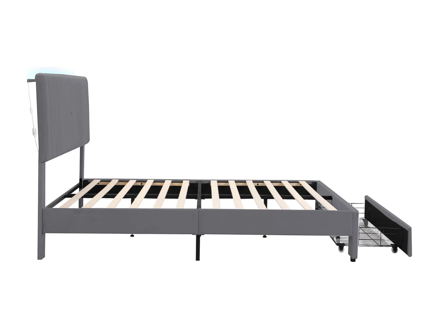 Lit double avec LED, port USB et tiroir spacieux, velours, gris (200x165x108cm)