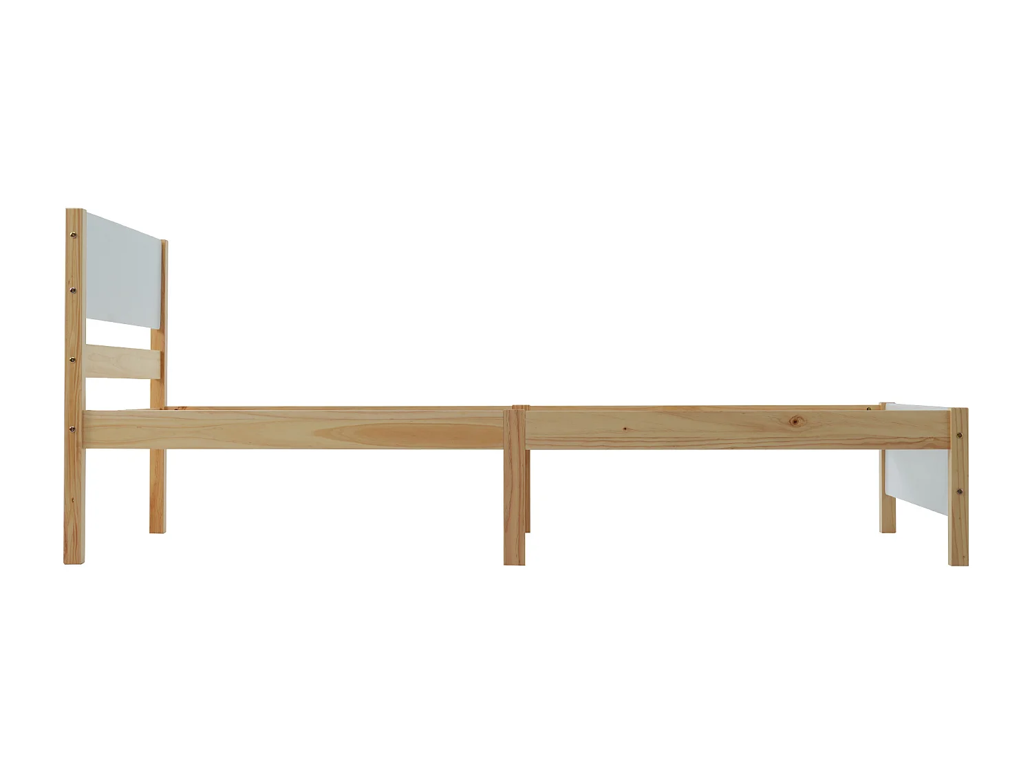 Lit simple en bois, cadre en pin avec pied central, tête et pied de lit MDF, blanc et naturel, 90x200 cm (207x97x82.5 cm)
