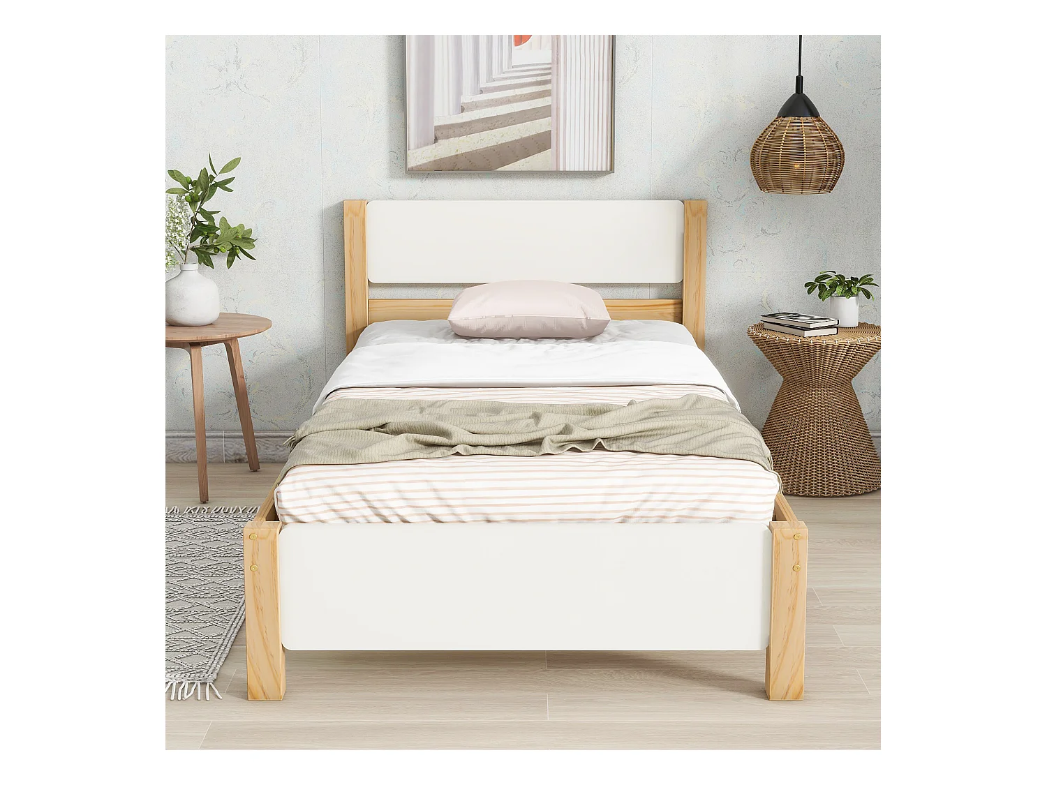 Lit simple en bois, cadre en pin avec pied central, tête et pied de lit MDF, blanc et naturel, 90x200 cm (207x97x82.5 cm)