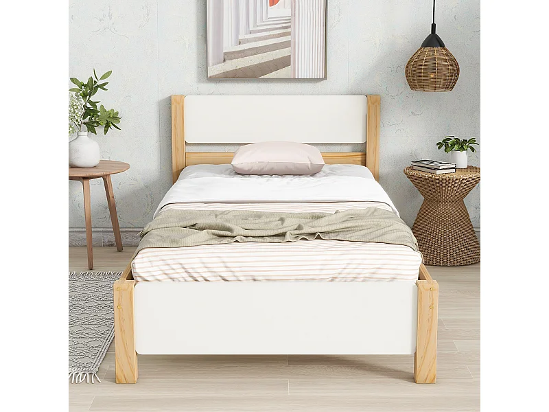 Letto singolo in legno, struttura in pino con gamba centrale, testiera e pediera in MDF, bianco e naturale, 90x200 cm (207x97x82,5 cm)