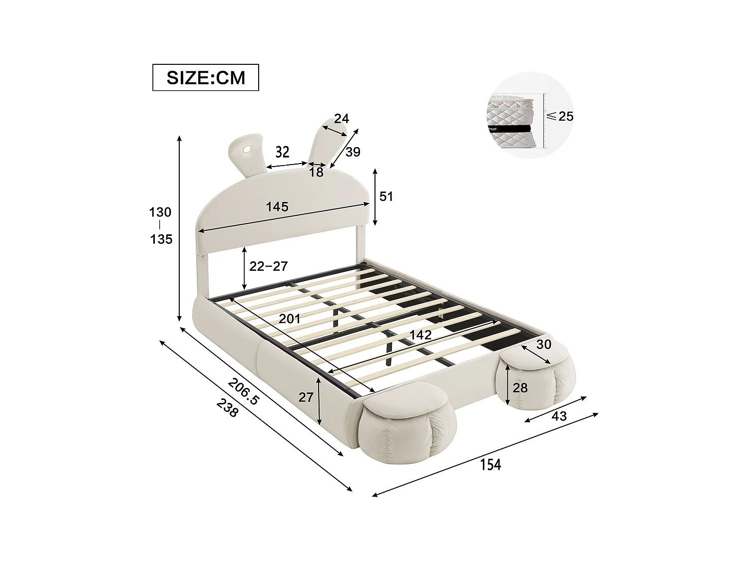 Lit capitonné en velours beige, 140x200 cm, design oreilles de lapin, avec éclairage LED réglable et rangement, 2 tabourets inclus (238x154x135 cm)