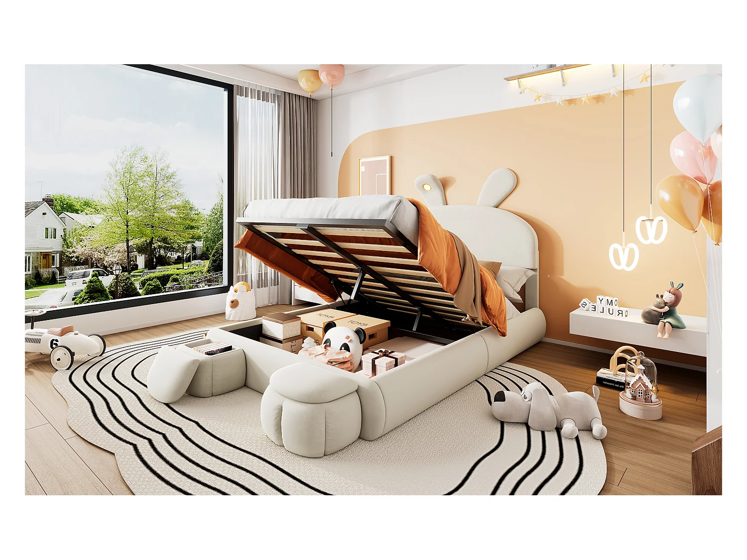 Lit capitonné en velours beige, 140x200 cm, design oreilles de lapin, avec éclairage LED réglable et rangement, 2 tabourets inclus (238x154x135 cm)