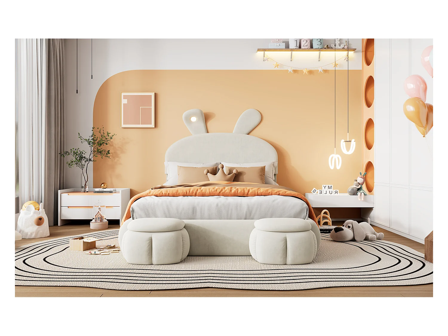 Lit capitonné en velours beige, 140x200 cm, design oreilles de lapin, avec éclairage LED réglable et rangement, 2 tabourets inclus (238x154x135 cm)