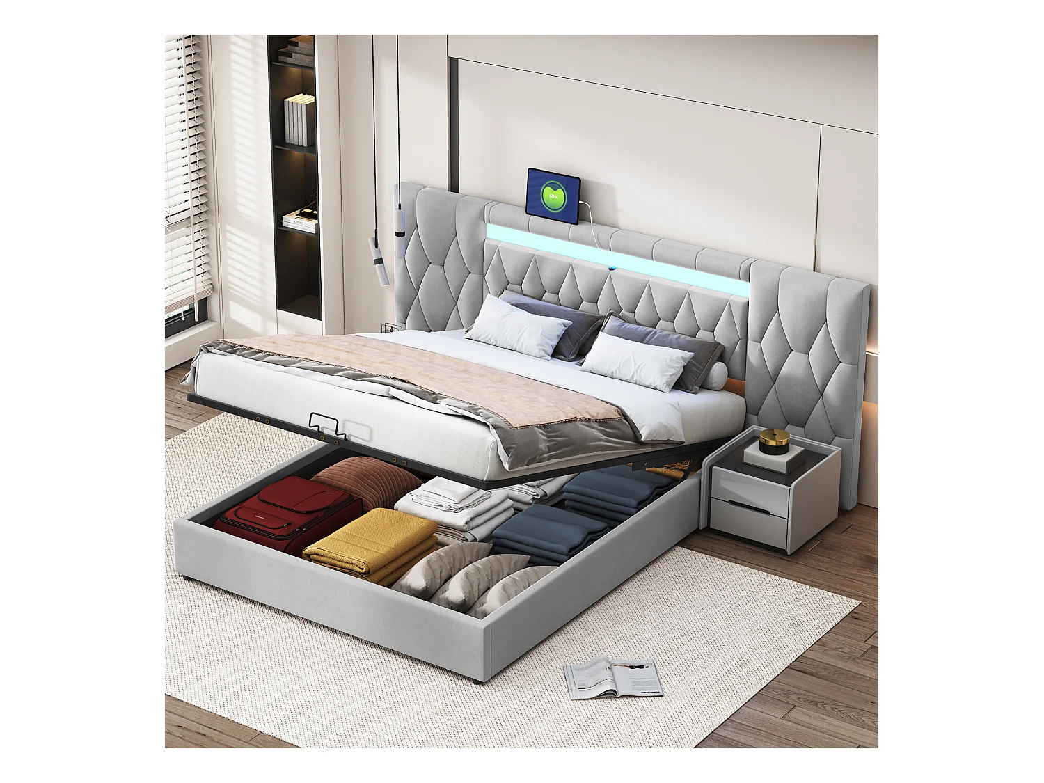 Elegant gestoffeerd bed 160x200 cm, groot hoofdeinde, fluweel met LED- en USB-aansluiting, hydraulische opbergruimte, klassiek grijs (206x243,5x100 cm)