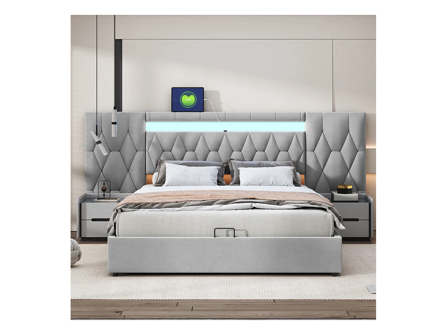 Elegant gestoffeerd bed 160x200 cm, groot hoofdeinde, fluweel met LED- en USB-aansluiting, hydraulische opbergruimte, klassiek grijs (206x243,5x100 cm)