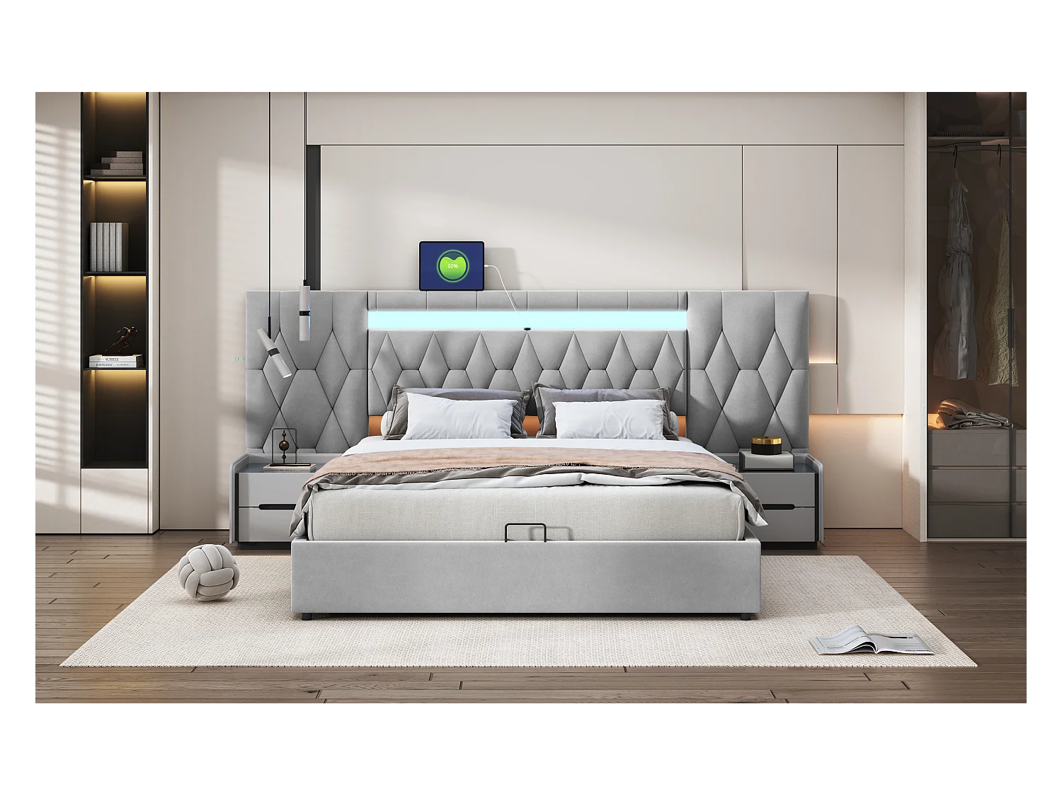 Elegant gestoffeerd bed 160x200 cm, groot hoofdeinde, fluweel met LED- en USB-aansluiting, hydraulische opbergruimte, klassiek grijs (206x243,5x100 cm)