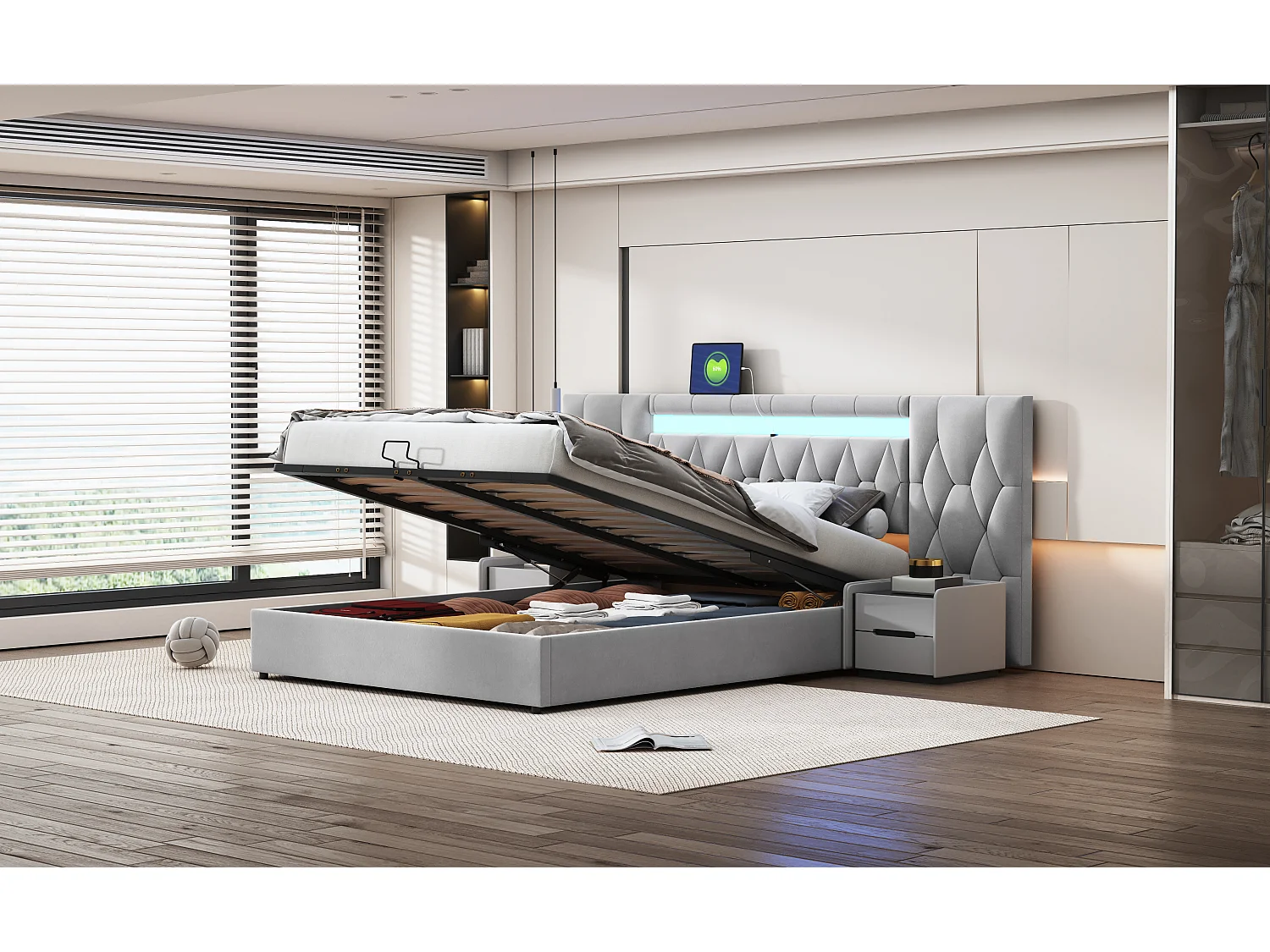 Elegant gestoffeerd bed 160x200 cm, groot hoofdeinde, fluweel met LED- en USB-aansluiting, hydraulische opbergruimte, klassiek grijs (206x243,5x100 cm)