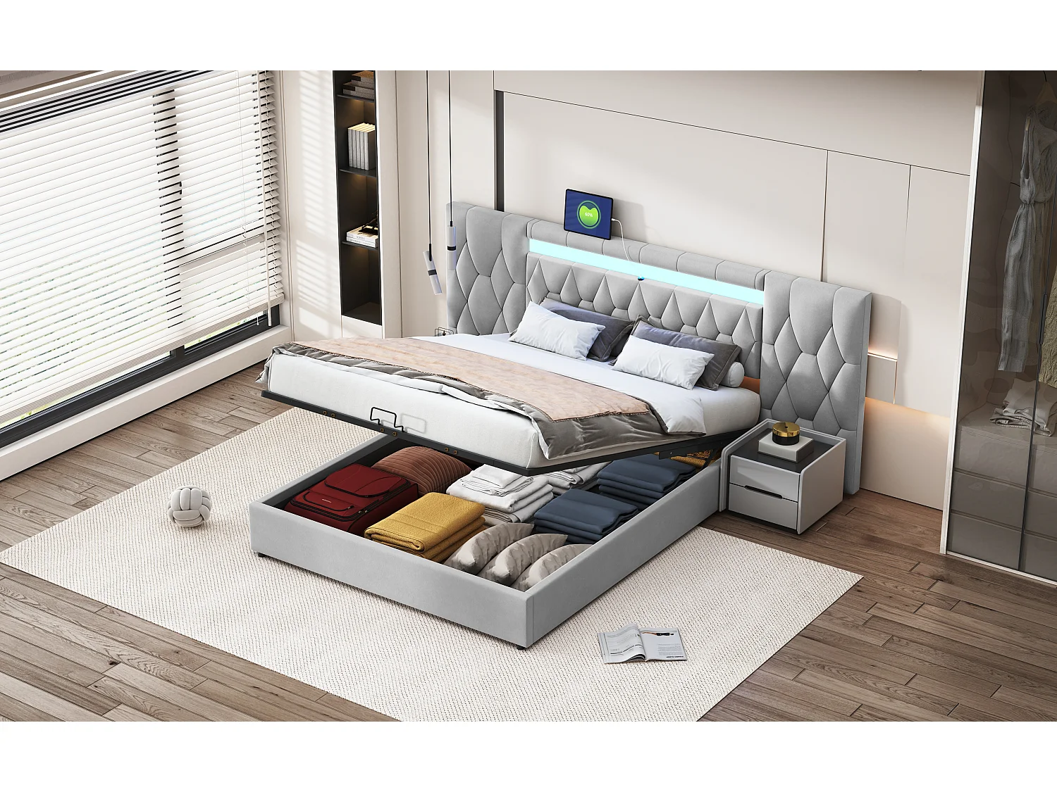 Lit rembourré élégant 160x200 cm, grande tête de lit, velours avec LED et prise USB, coffre hydraulique, gris classique (206x243.5x100 cm)