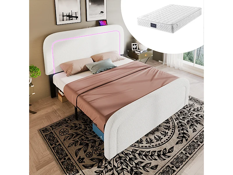 Tweepersoonsbed met USB Type C-oplader en ledverlichting, beige sherpa gestoffeerd frame, verstelbaar hoofdeinde, houten lattenbodem (160x200x102,5 cm)