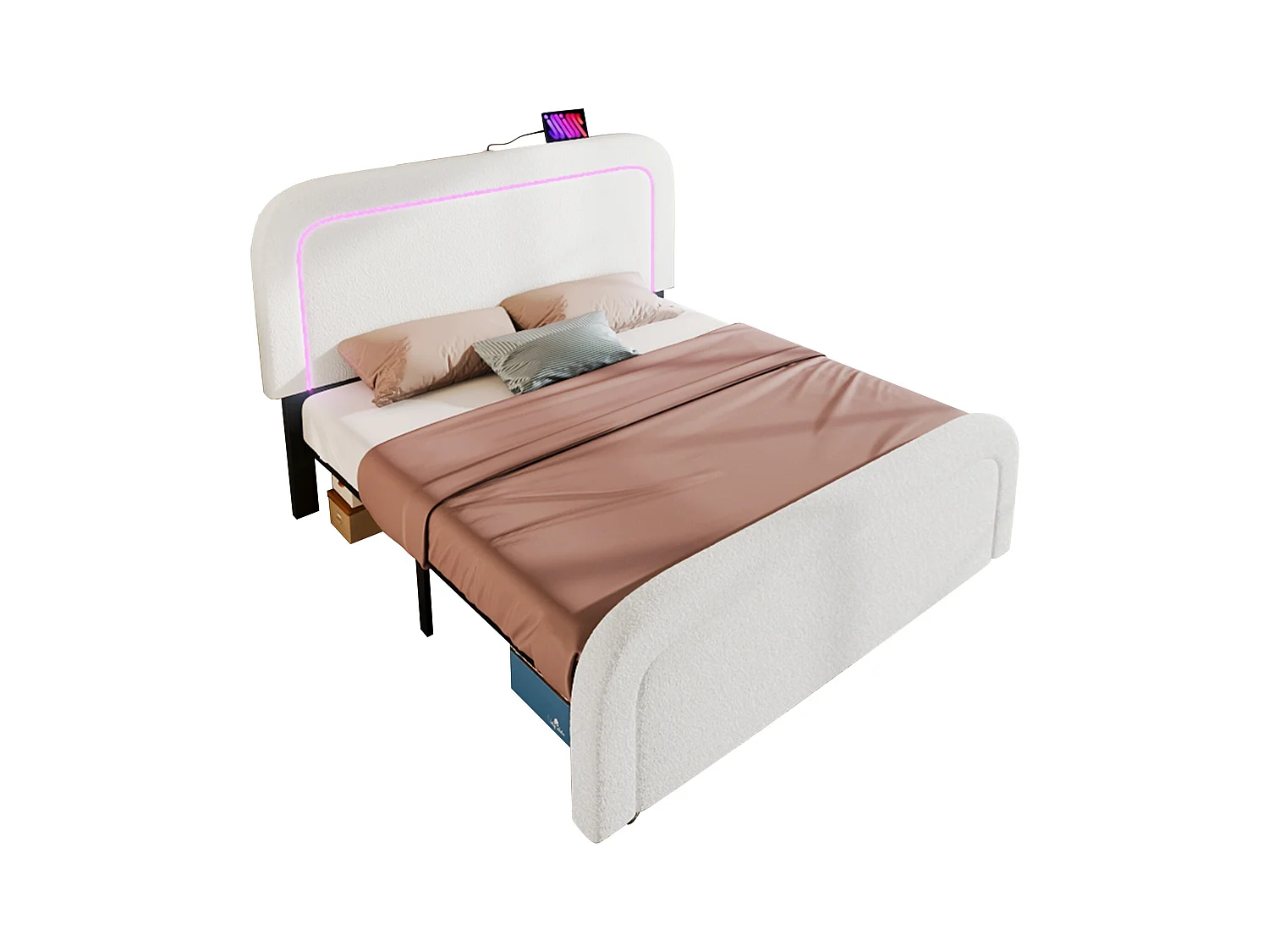 Tweepersoonsbed met USB Type C-oplader en ledverlichting, beige sherpa gestoffeerd frame, verstelbaar hoofdeinde, houten lattenbodem (160x200x102,5 cm)