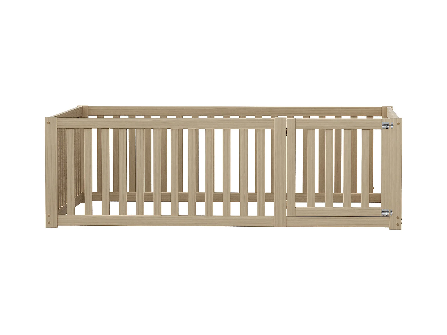 Letto per bambini 140 x 200 cm, struttura in legno massello con recinzione e porta, design moderno, legno naturale (204 x 147 x 60 cm)