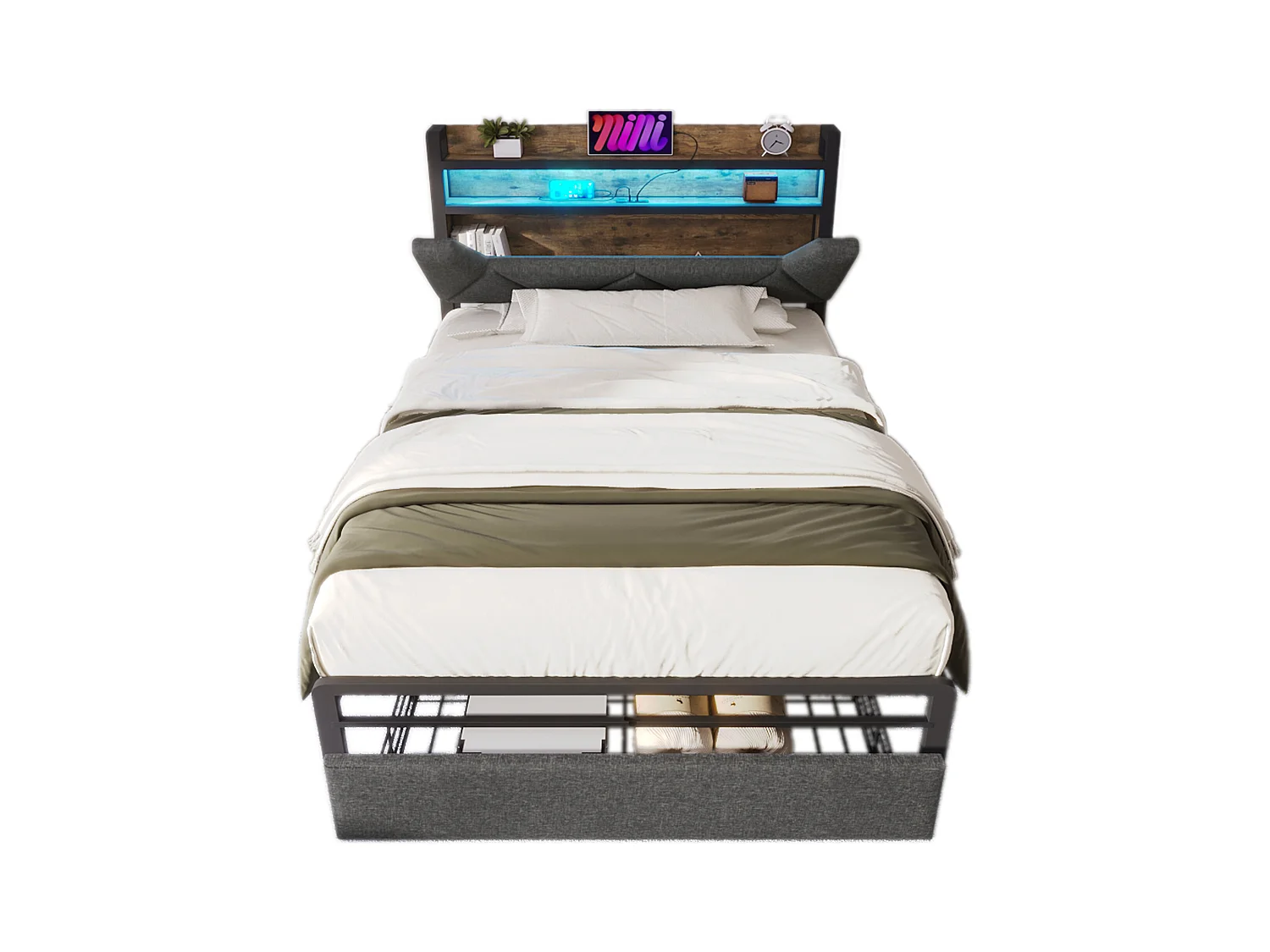 Letto singolo con USB Type-C, contenitore per la testiera, LED, lino, grigio (91x217x110cm)