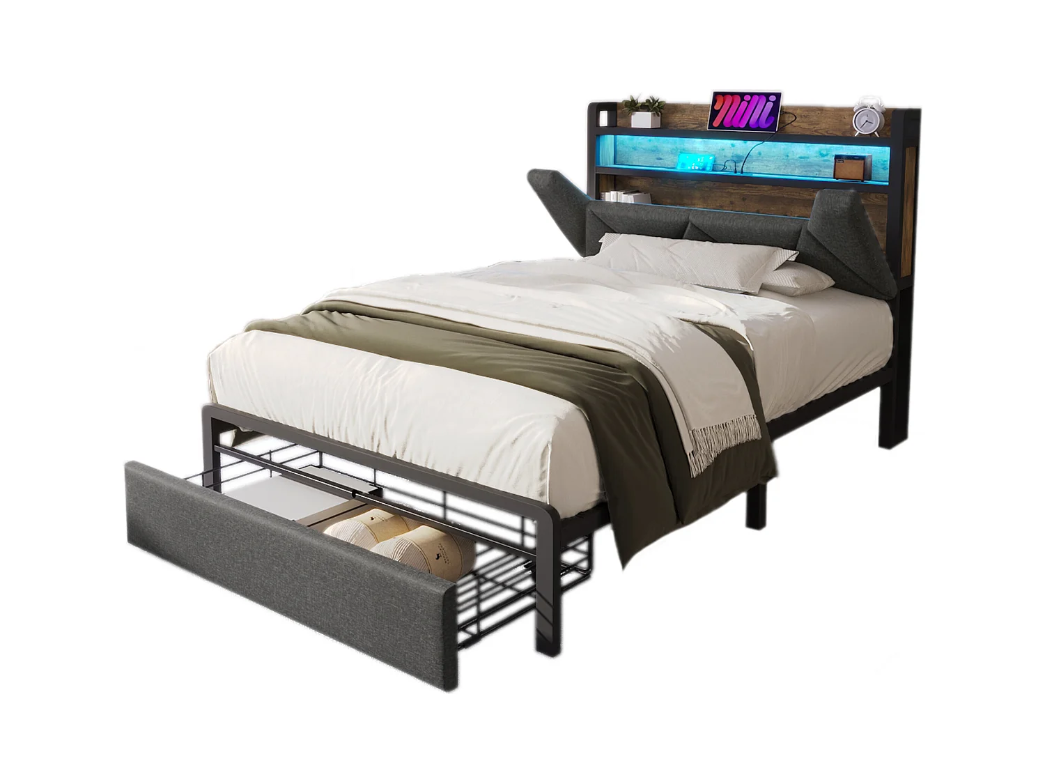 Letto singolo con USB Type-C, contenitore per la testiera, LED, lino, grigio (91x217x110cm)