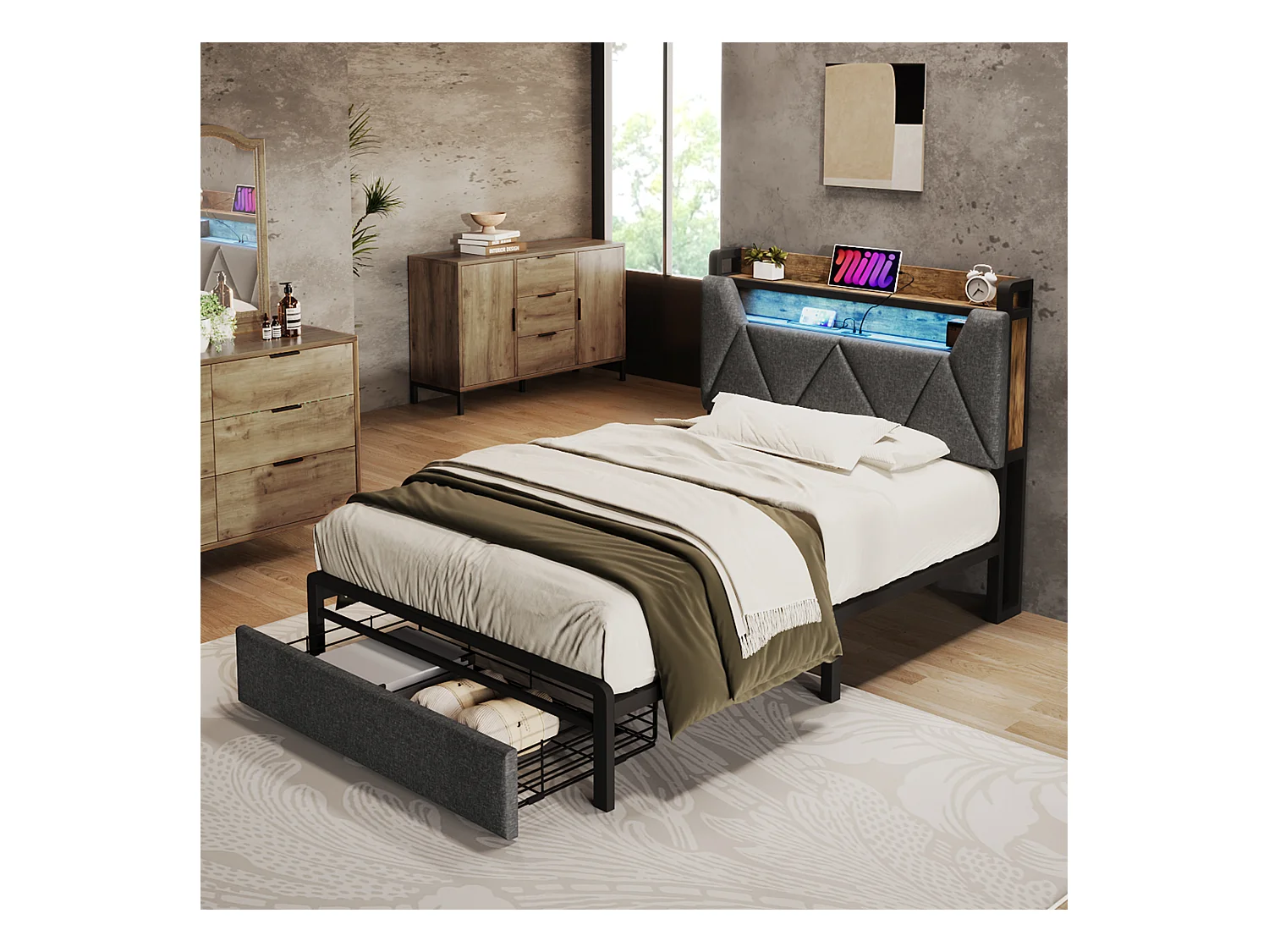 Letto singolo con USB Type-C, contenitore per la testiera, LED, lino, grigio (91x217x110cm)