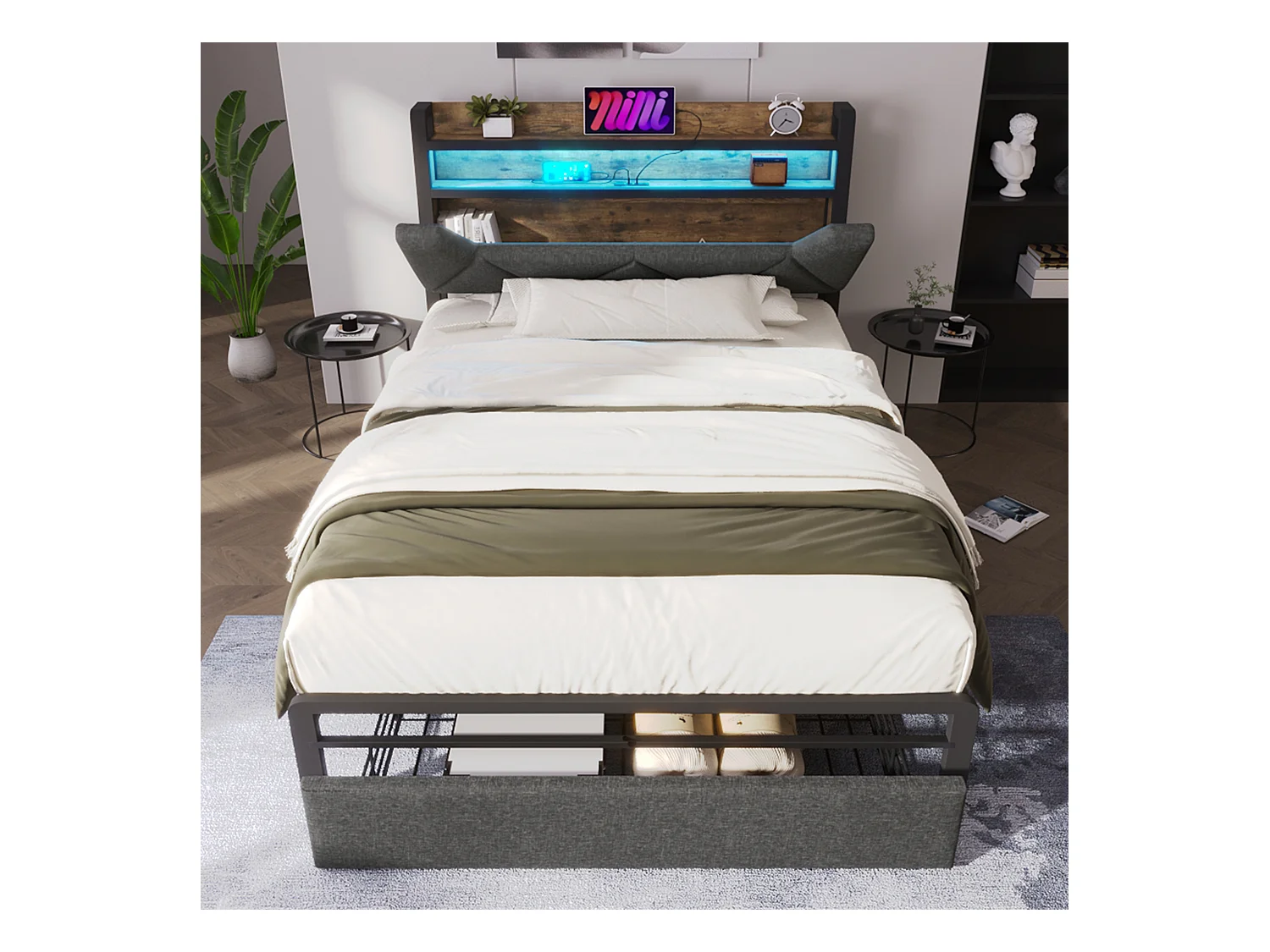 Letto singolo con USB Type-C, contenitore per la testiera, LED, lino, grigio (91x217x110cm)