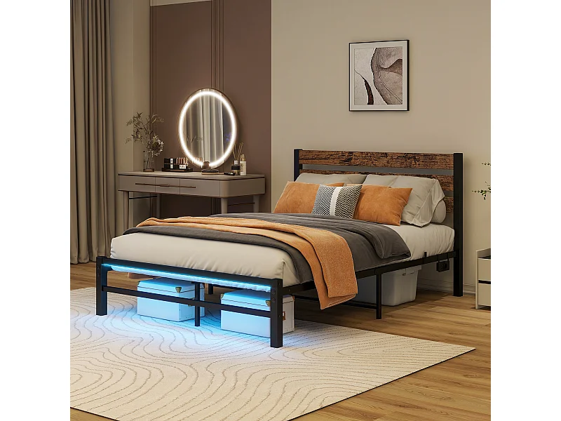 Letto a piattaforma in metallo con testiera, USB, LED, metallo, marrone antico (208x120x96 cm)