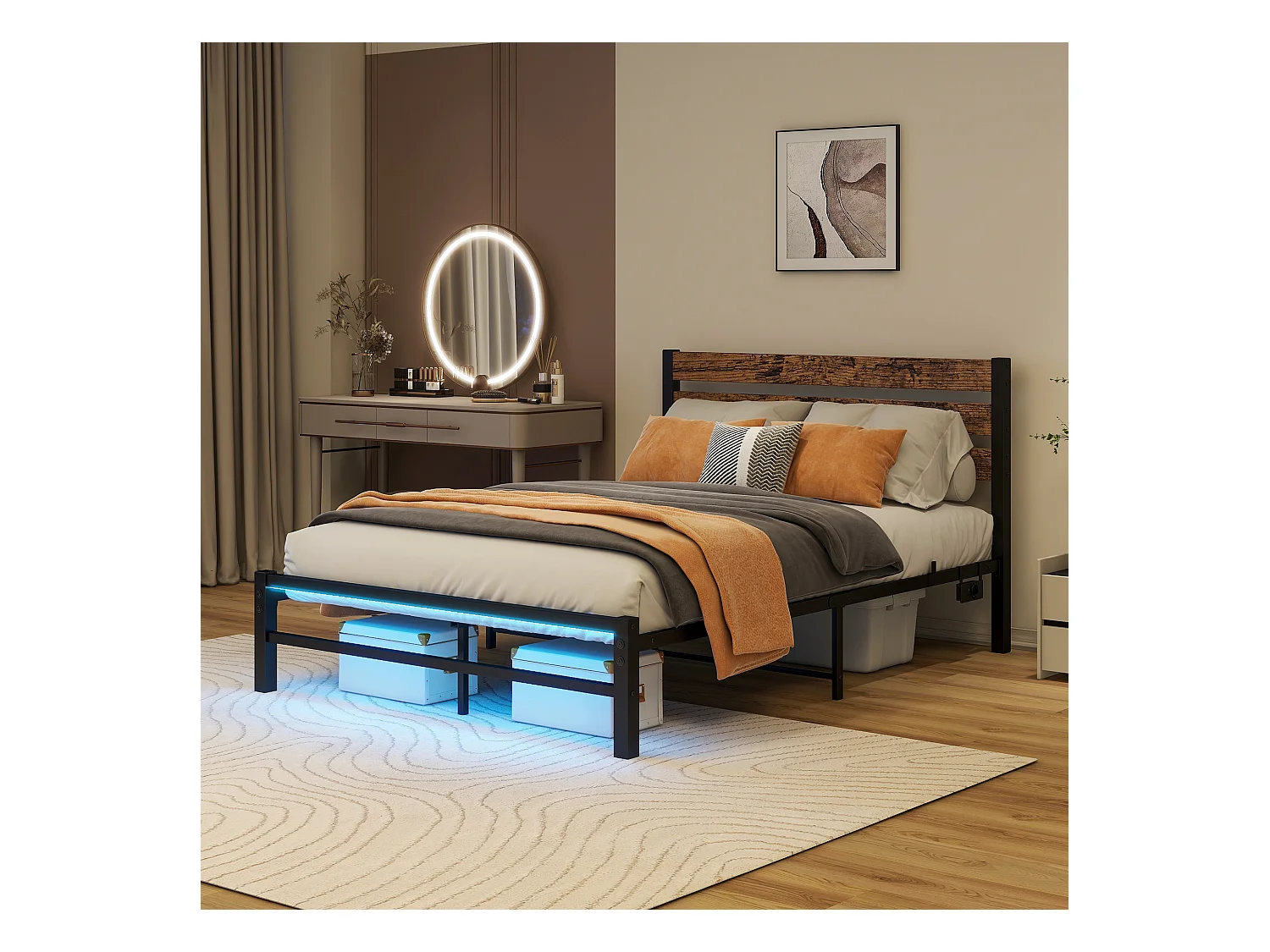 Letto a piattaforma in metallo con testiera, USB, LED, metallo, marrone antico (208x120x96 cm)