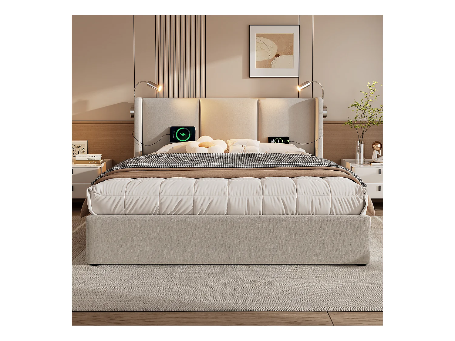 Lit double avec rangement, liseuse et chargeur USB, lin beige (206x145x107cm)