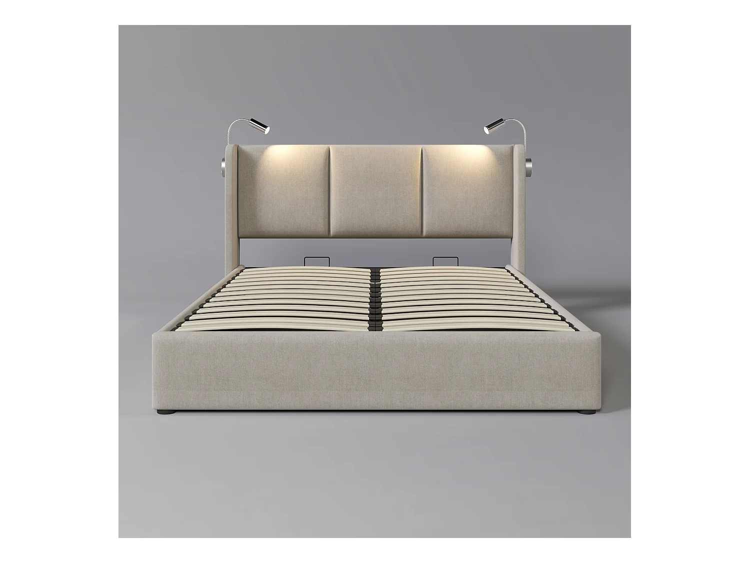 Lit double avec rangement, liseuse et chargeur USB, lin beige (206x145x107cm)