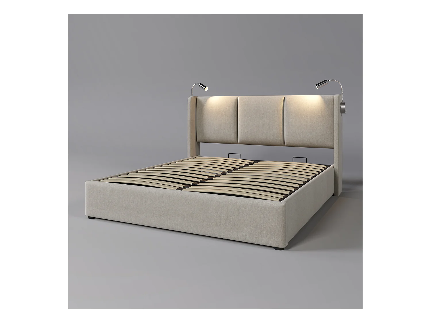 Lit double avec rangement, liseuse et chargeur USB, lin beige (206x145x107cm)