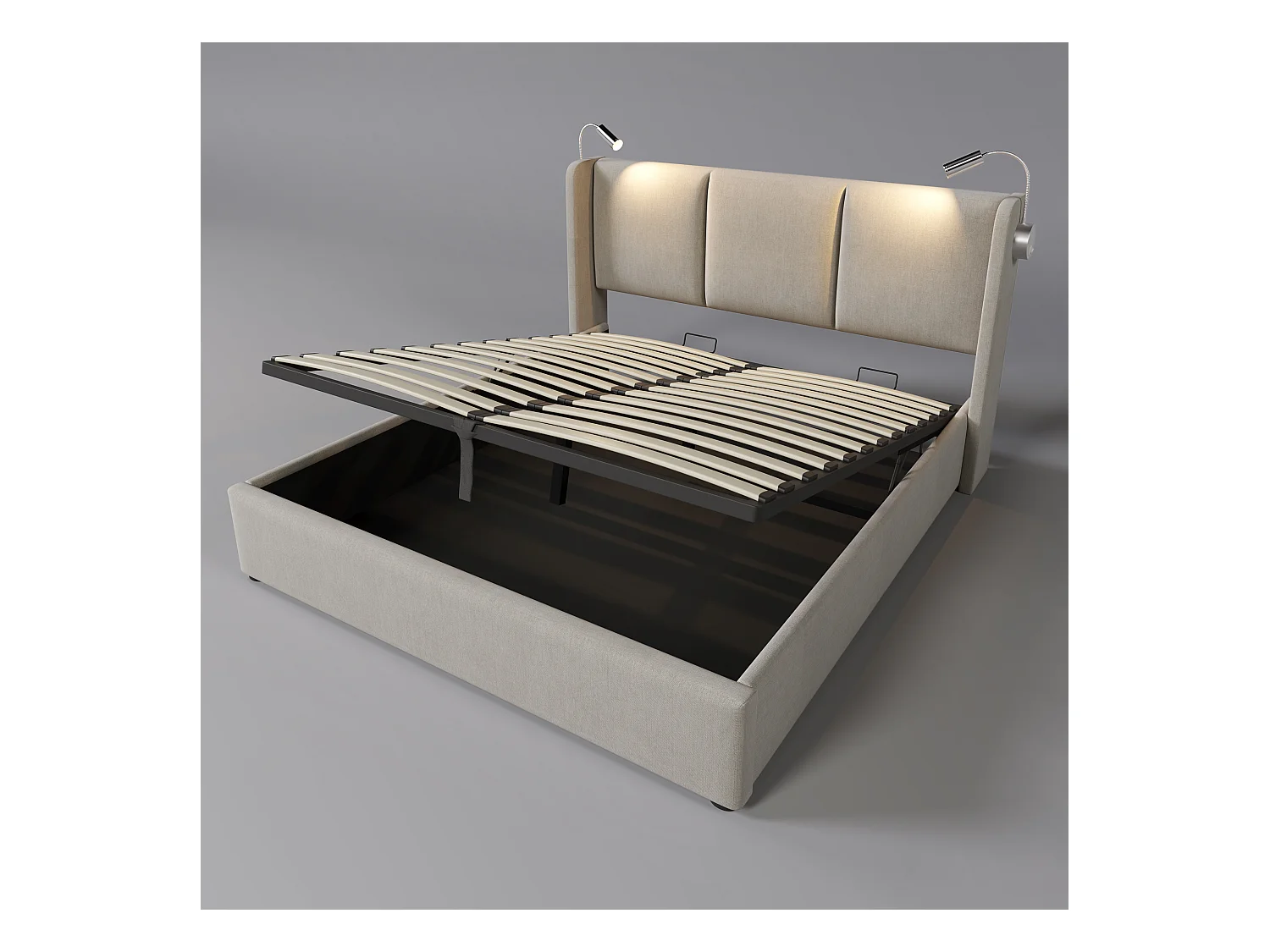 Lit double avec rangement, liseuse et chargeur USB, lin beige (206x145x107cm)