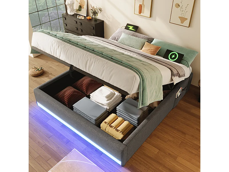 Gestoffeerd bed 140 x 200 cm, met afstandsbediening LED, USB en Type-C, kleine opbergvakken, zonder hoofdeinde, hydraulische opbergfunctie (203x141,5x32 cm)