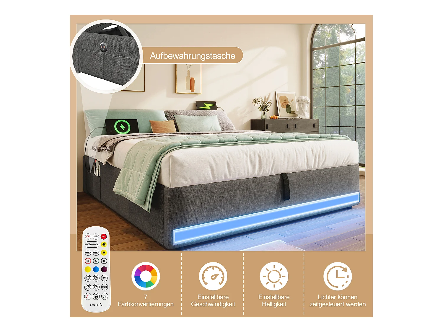 Gestoffeerd bed 140 x 200 cm, met afstandsbediening LED, USB en Type-C, kleine opbergvakken, zonder hoofdeinde, hydraulische opbergfunctie (203x141,5x32 cm)