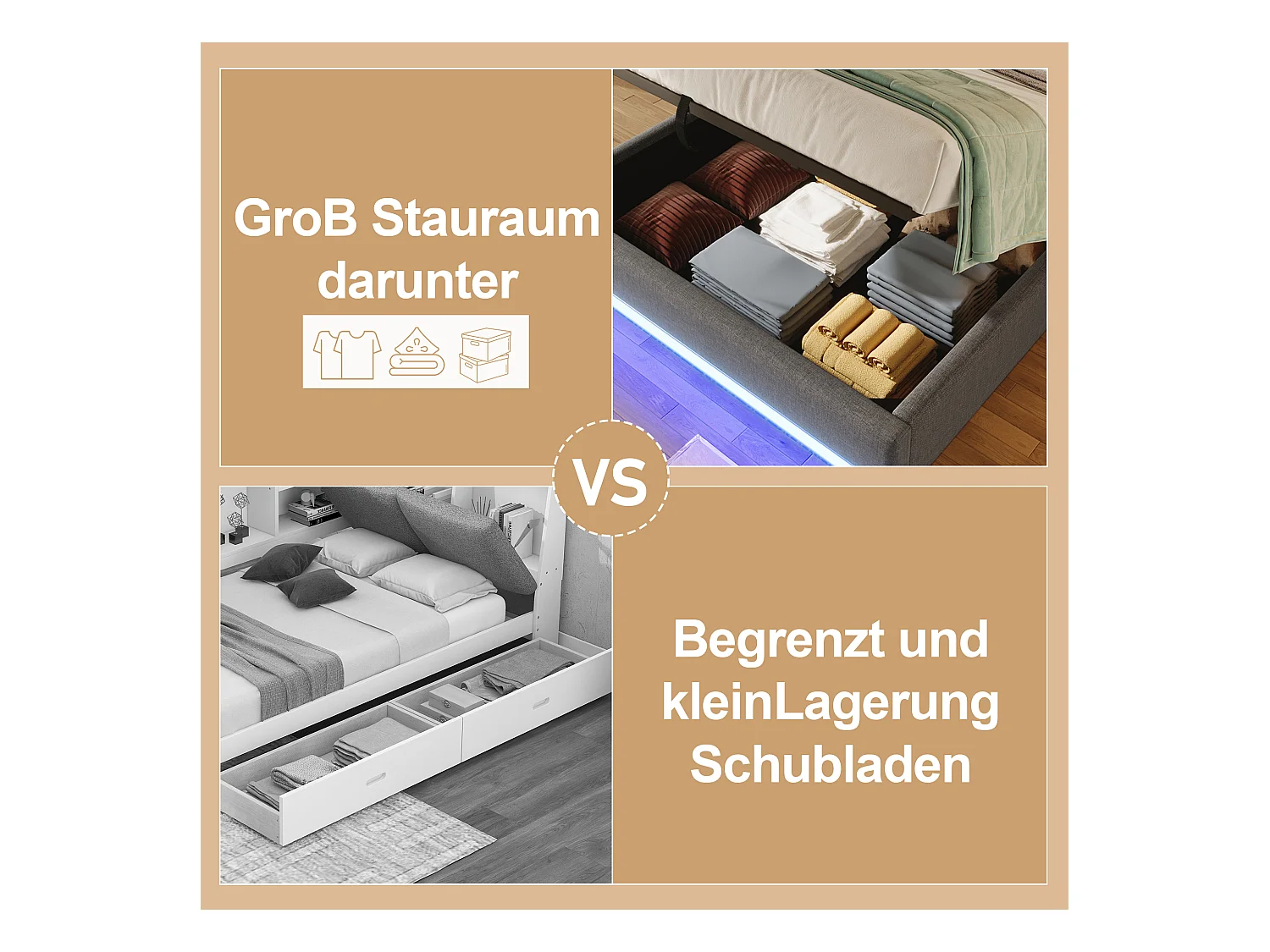 Gestoffeerd bed 140 x 200 cm, met afstandsbediening LED, USB en Type-C, kleine opbergvakken, zonder hoofdeinde, hydraulische opbergfunctie (203x141,5x32 cm)