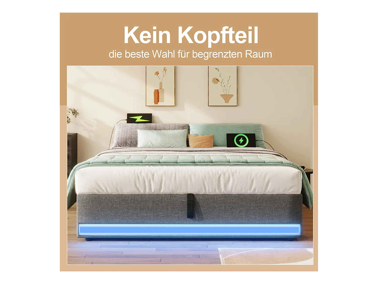 Gestoffeerd bed 140 x 200 cm, met afstandsbediening LED, USB en Type-C, kleine opbergvakken, zonder hoofdeinde, hydraulische opbergfunctie (203x141,5x32 cm)