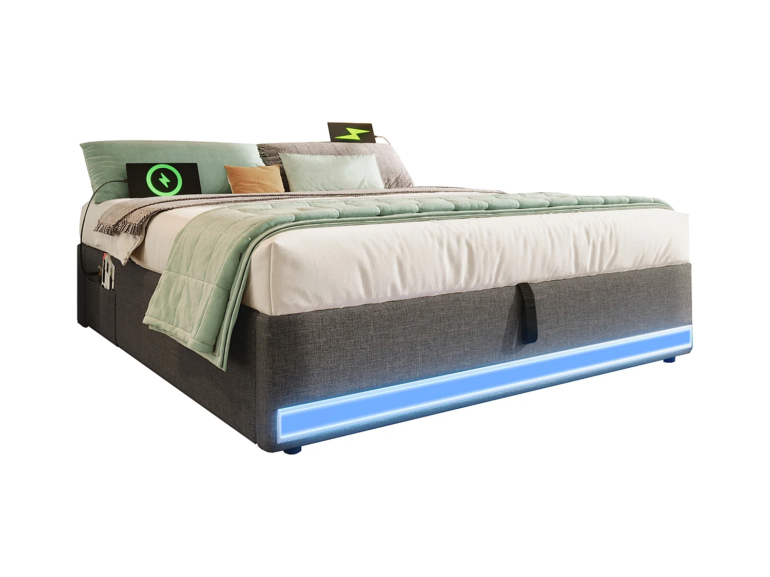 Gestoffeerd bed 140 x 200 cm, met afstandsbediening LED, USB en Type-C, kleine opbergvakken, zonder hoofdeinde, hydraulische opbergfunctie (203x141,5x32 cm)