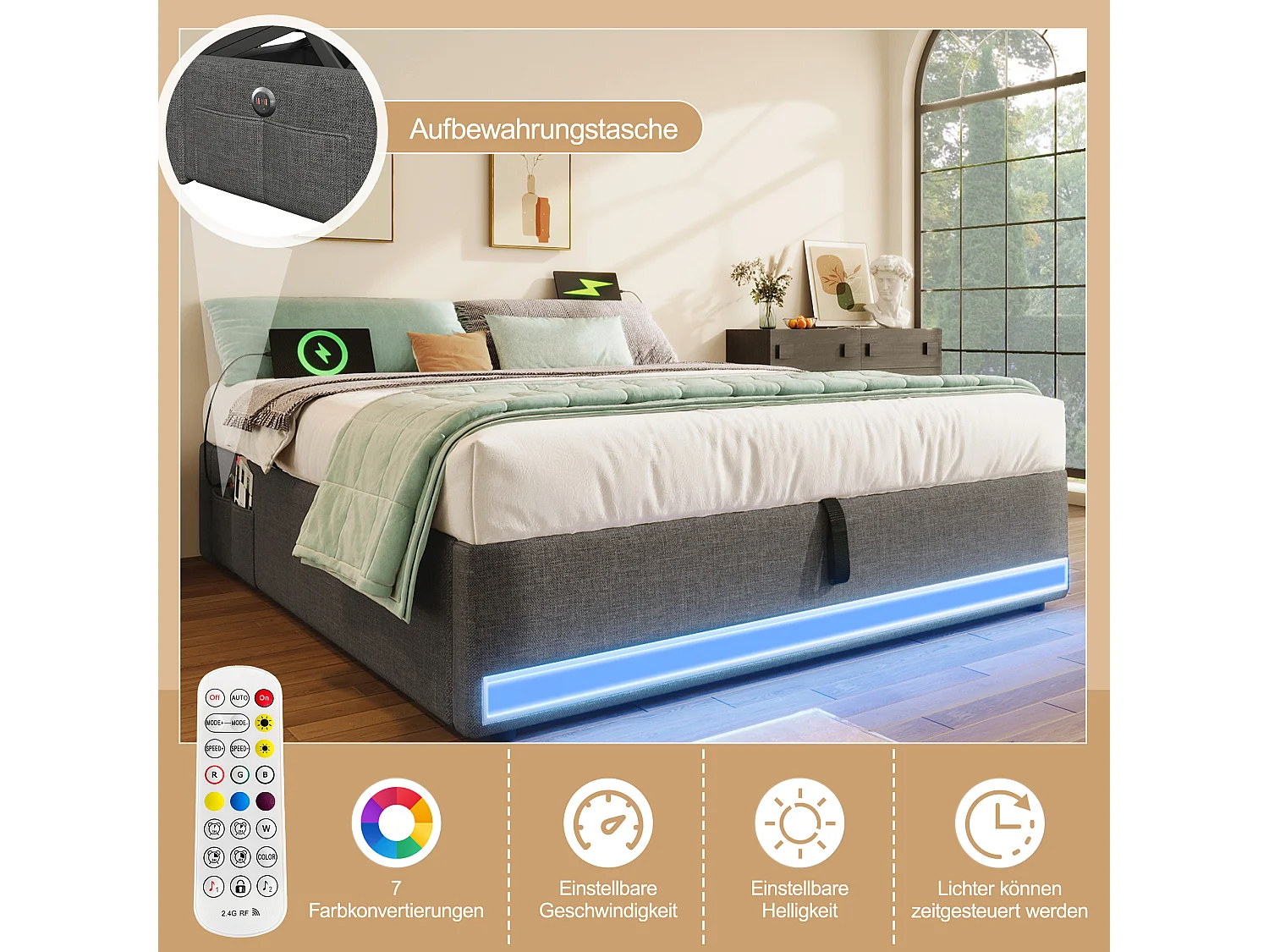 Lit tapissier 140 x 200 cm, avec LED télécommandée, USB et Type-C, petites poches de rangement, sans tête de lit, fonction de stockage hydraulique (203x141.5x32 cm)