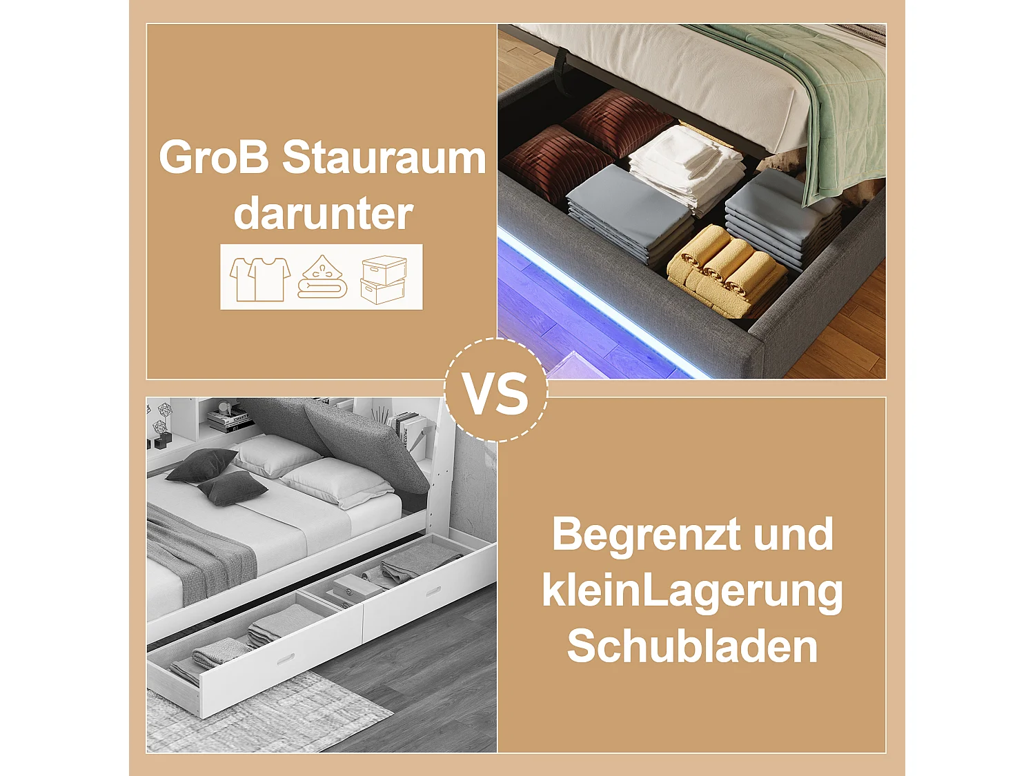 Lit tapissier 140 x 200 cm, avec LED télécommandée, USB et Type-C, petites poches de rangement, sans tête de lit, fonction de stockage hydraulique (203x141.5x32 cm)