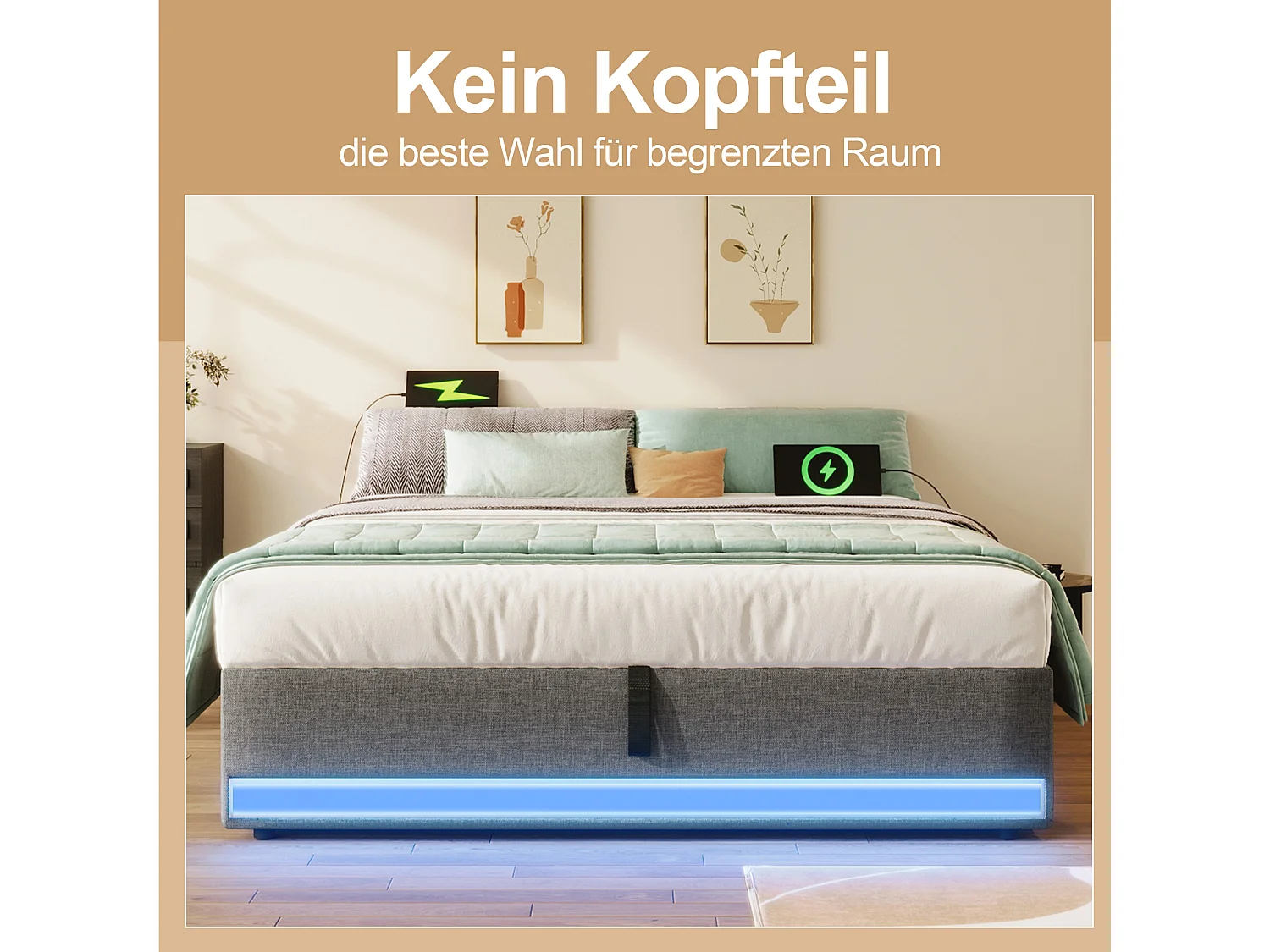 Lit tapissier 140 x 200 cm, avec LED télécommandée, USB et Type-C, petites poches de rangement, sans tête de lit, fonction de stockage hydraulique (203x141.5x32 cm)