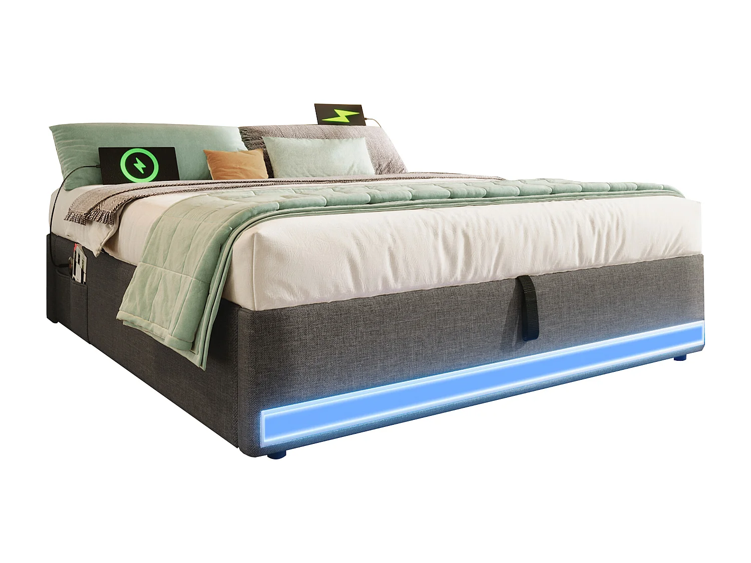 Lit tapissier 140 x 200 cm, avec LED télécommandée, USB et Type-C, petites poches de rangement, sans tête de lit, fonction de stockage hydraulique (203x141.5x32 cm)