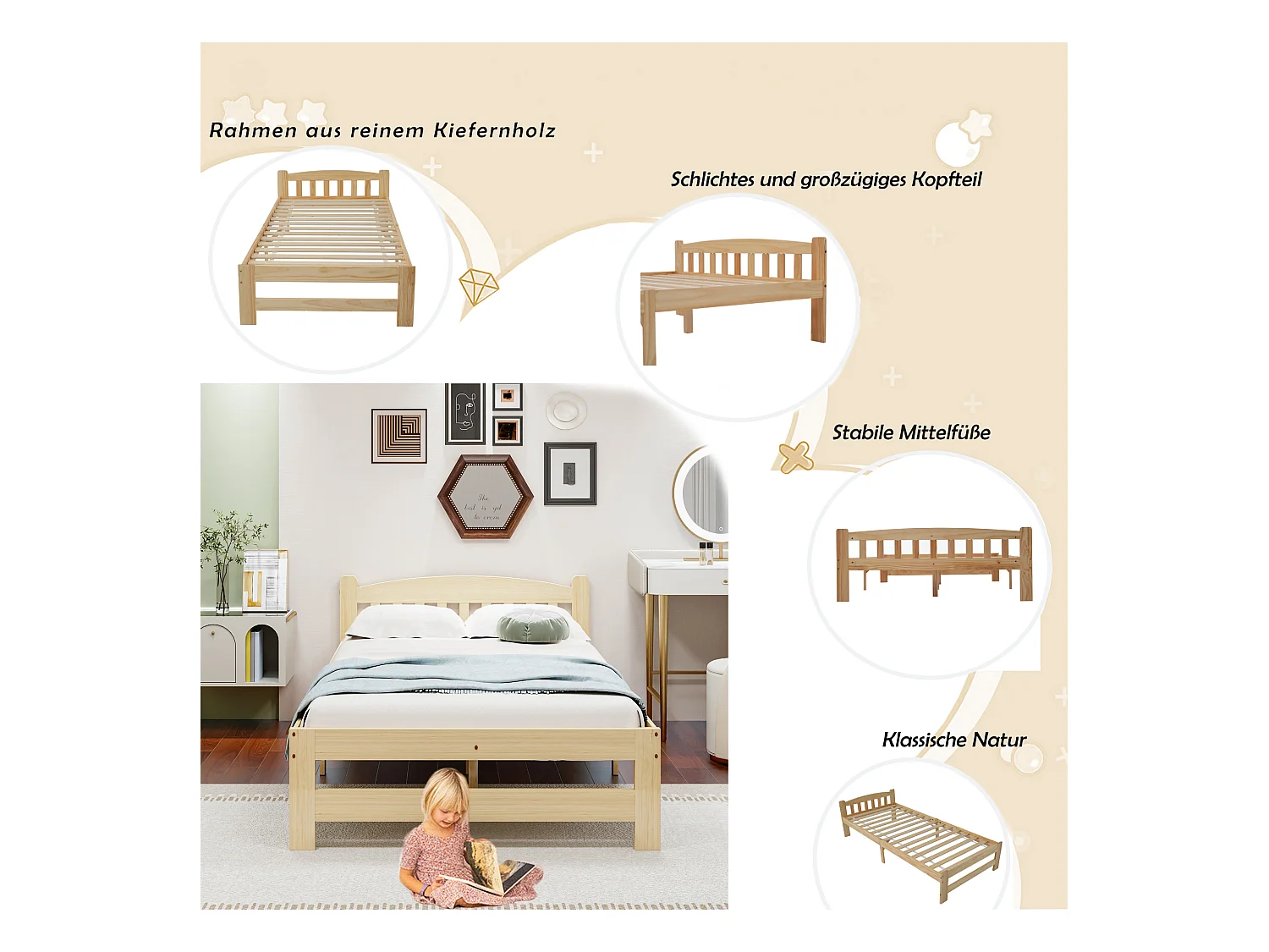 Lit individuel en bois massif, cadre de futon naturel avec tête de lit et lattes, pour adultes et enfants, 90x200 cm