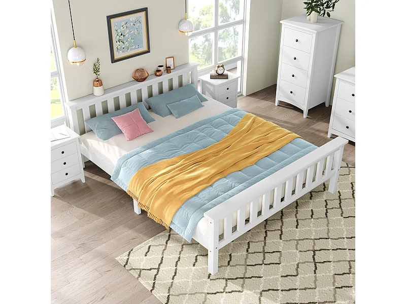 Cama doble de madera maciza con somier de láminas, pino blanco, diseño estable y minimalista (148x208x82cm)