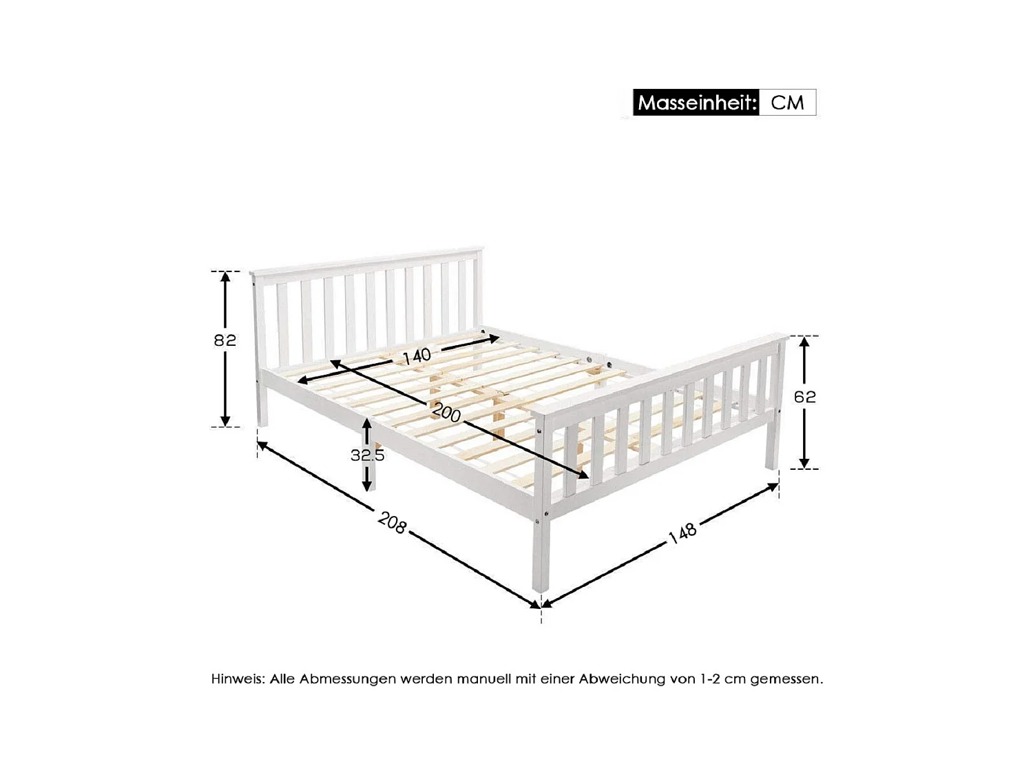 Lit double en bois massif avec sommier à lattes, pin blanc, design stable et minimaliste (148x208x82cm)