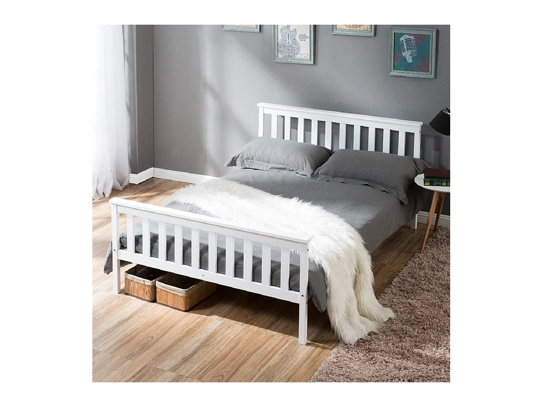 Lit double en bois massif avec sommier à lattes, pin blanc, design stable et minimaliste (148x208x82cm)