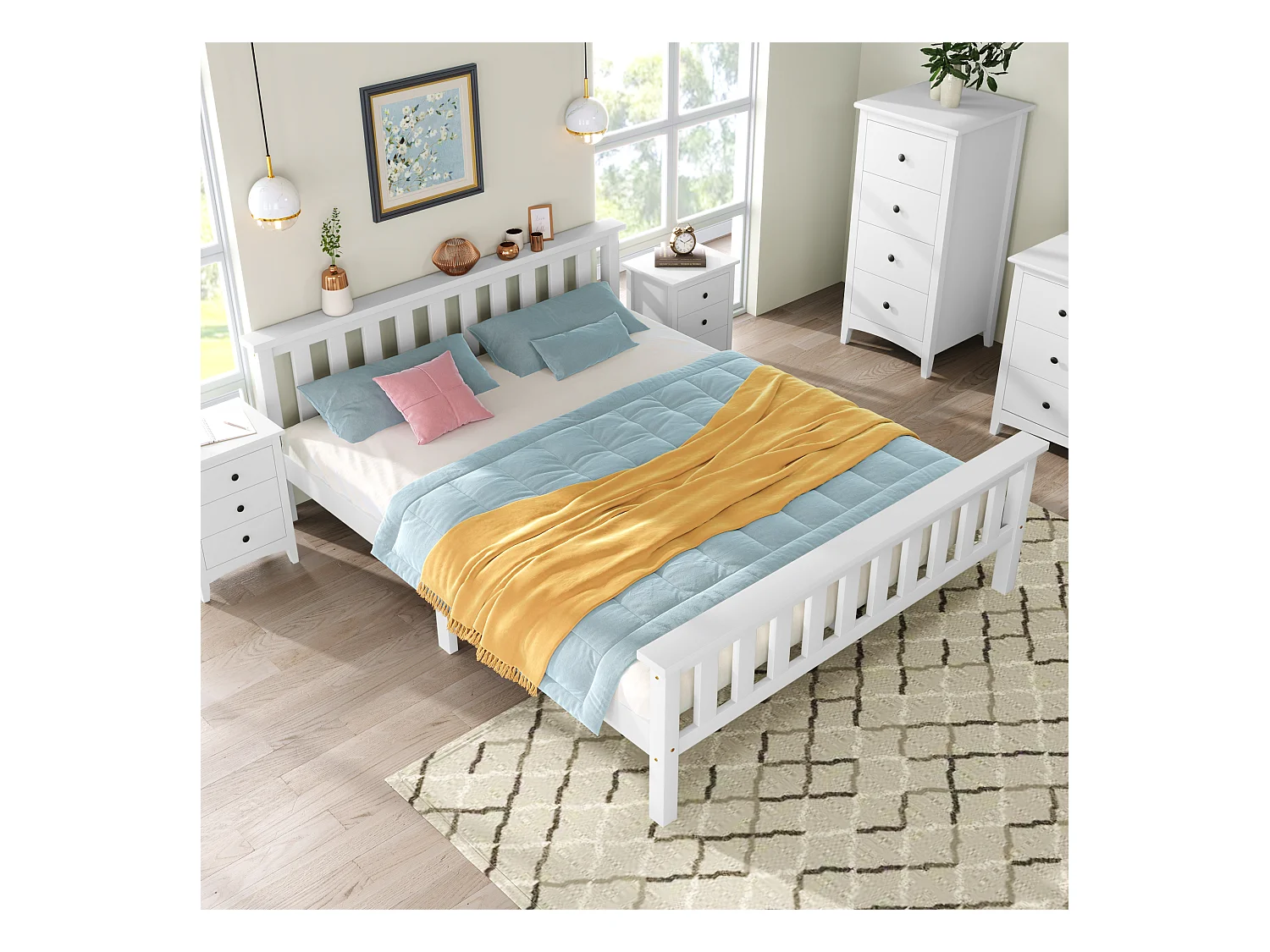 Letto matrimoniale in legno massello con rete a doghe, pino bianco, design stabile e minimalista (148x208x82cm)