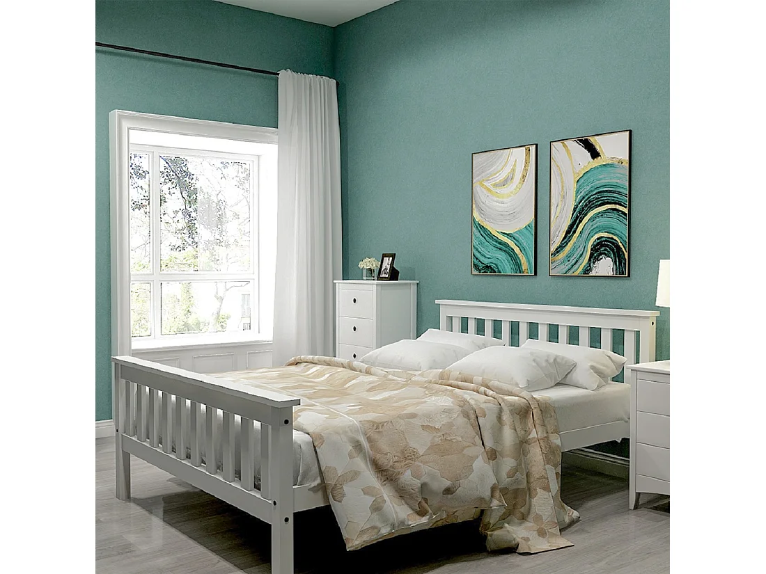 Lit double en bois massif avec sommier à lattes, pin blanc, design stable et minimaliste (148x208x82cm)