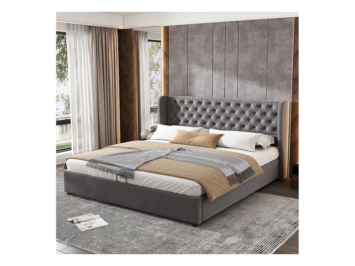 Chesterfield design fluwelen vleugelbed, 180x200 cm, hydraulisch met opbergruimte, grijs (207x186x99 cm)