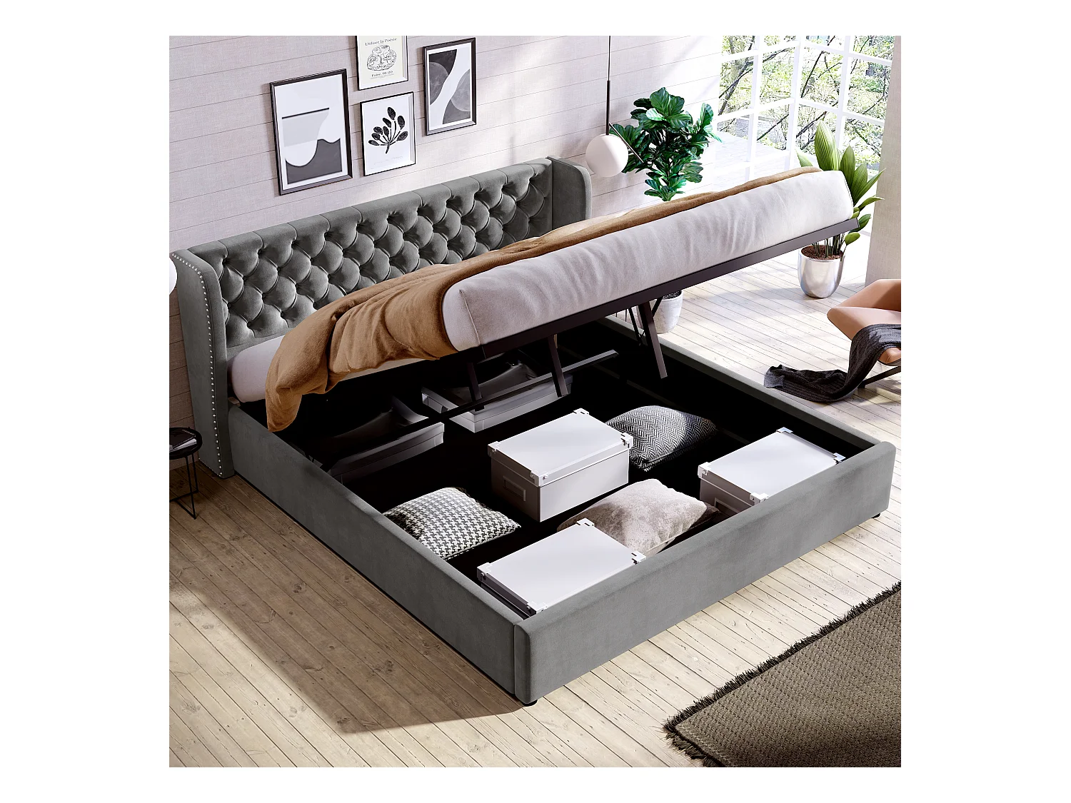 Chesterfield design fluwelen vleugelbed, 180x200 cm, hydraulisch met opbergruimte, grijs (207x186x99 cm)